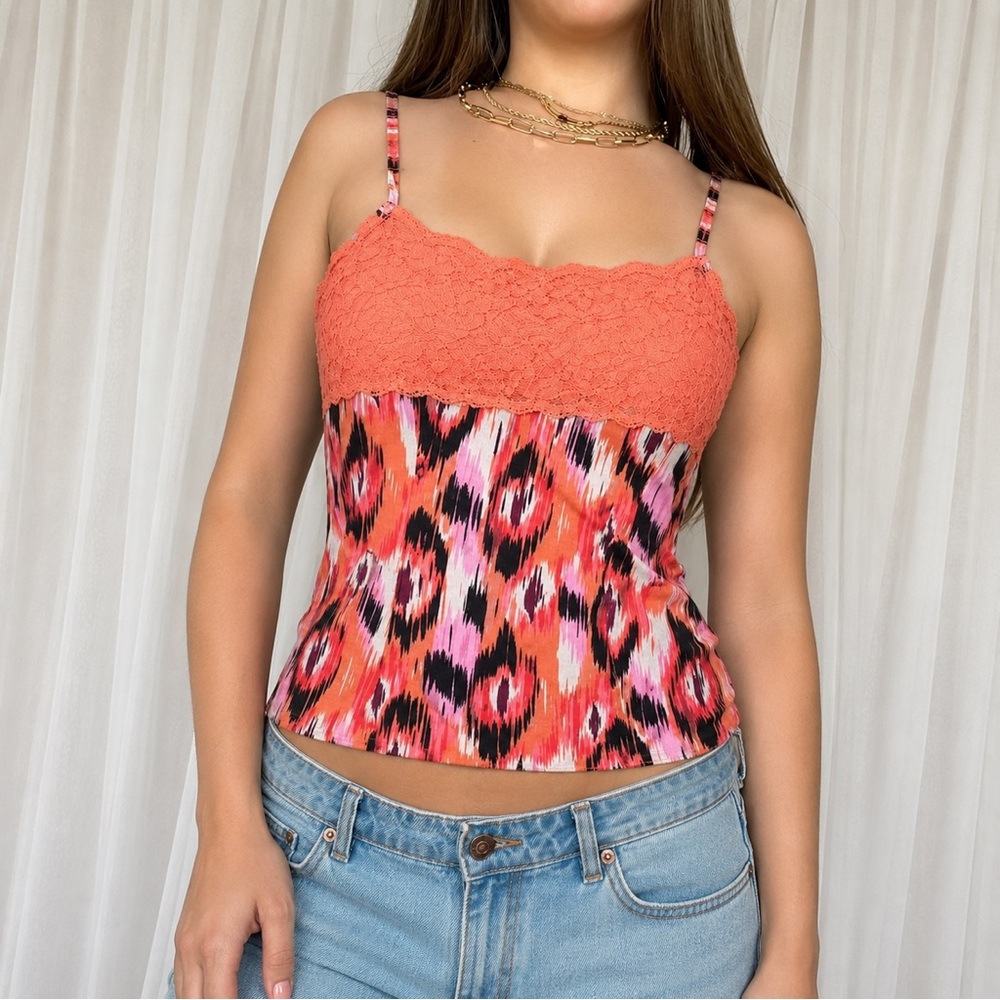 Y2K Coral Lace Ikat Boutique Essentials Peplum Cami Top